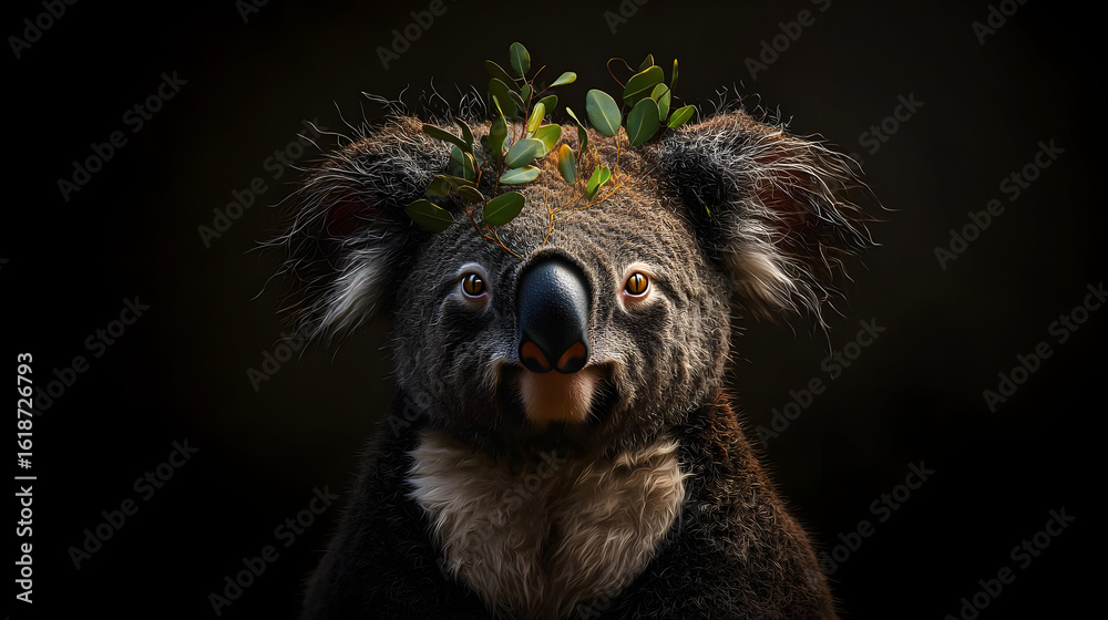 Fototapeta premium Koala Portrait Against Dark Background With Eucalyptus