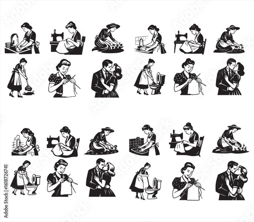 Retro Housewife Vector Set – Vintage 1950s Women Cooking, Cleaning, Knitting, and Kissing Illustration Pack
