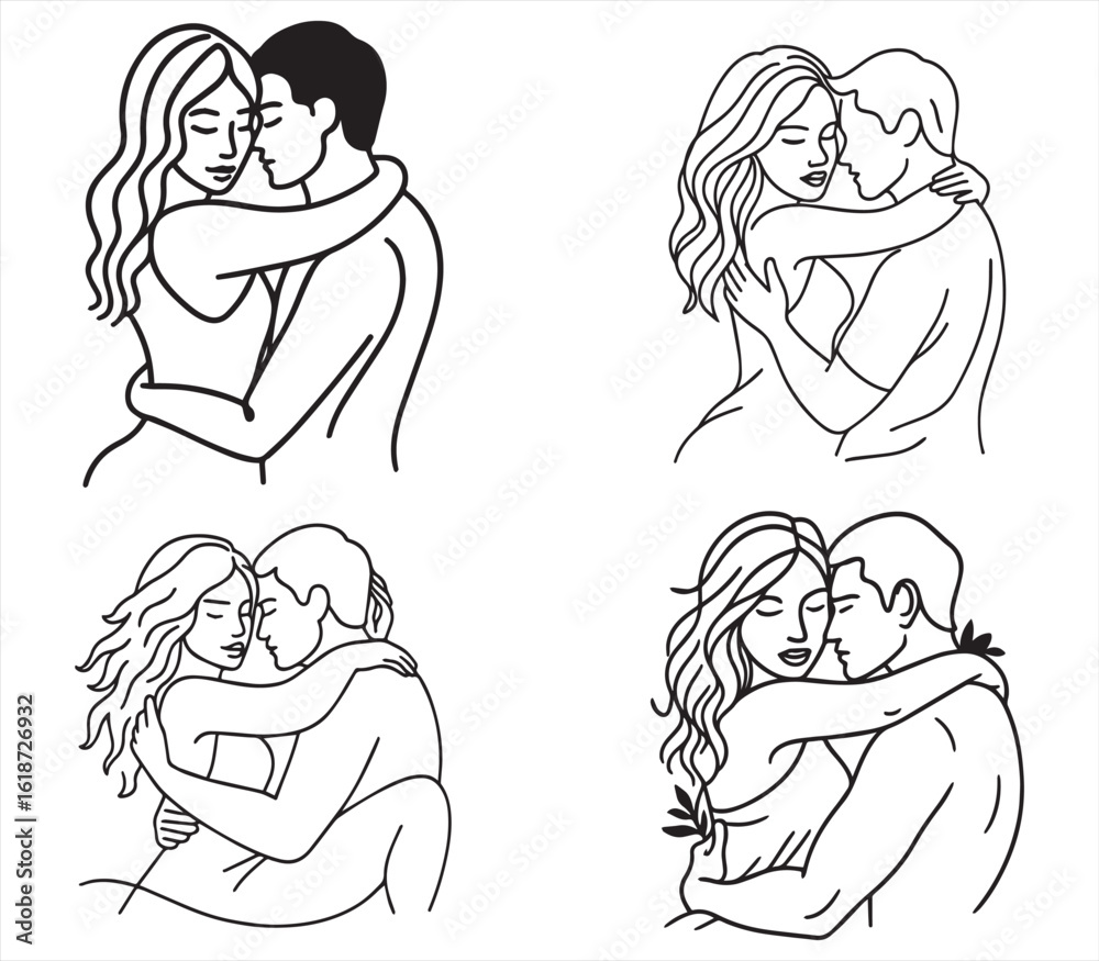 Fototapeta premium Romantic Couple Hugging – Minimalist Line Art Illustration