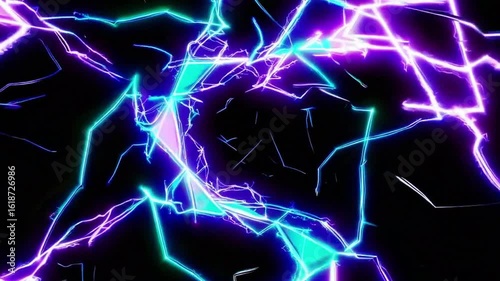 Abstract depiction of electric lightning bolts, with vivid neon colors, crackling across a dark expanse. The image evokes a sense of dynamic energy and raw power