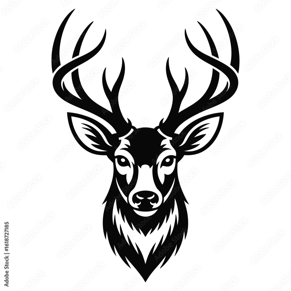 Fototapeta premium Black and white deer head silhouette with large antlers