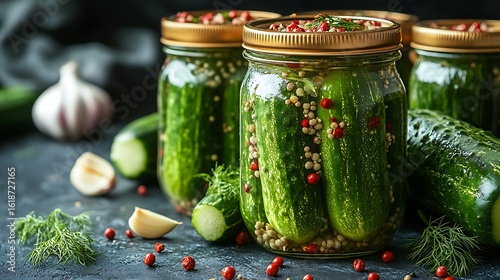 Pickled cucumbers in glass jars with spices.