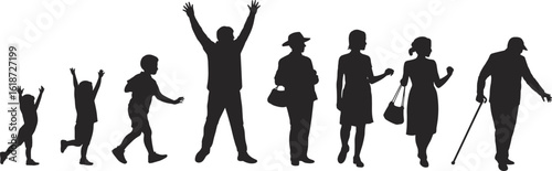 life cycle silhouette, child to elder stages, aging process vector, human development evolution, timeline figure art, silhouette people walking journey