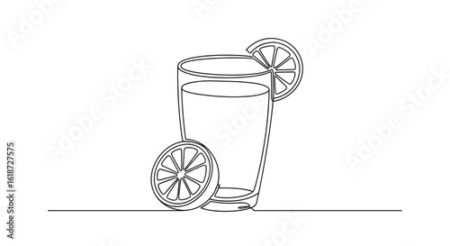 Outline of fresh lemonade glass with lemon slices on table  