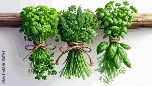 Bunches of fresh herbs with vibrant colors hanging on a wooden stick