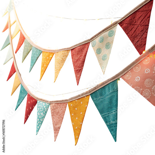 Colorful triangle bunting flags with string lights isolated on transparent background