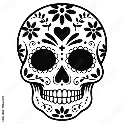 Black and White Sugar Skull Illustration with Floral and Heart Motifs