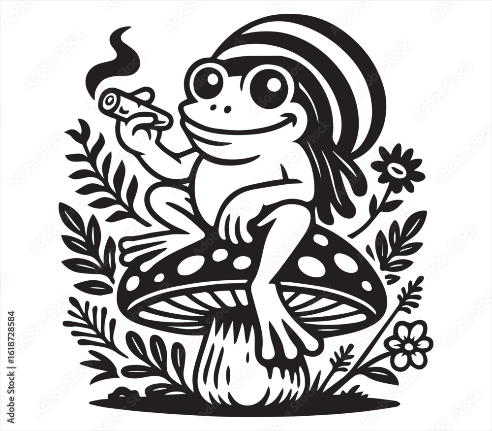 Obraz premium Rasta Frog on Mushroom – Funny Reggae Style Cartoon Illustration