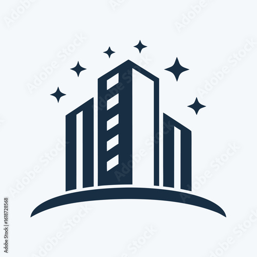 Dark Blue Abstract Buildings with Sparkle Accents on White Background architecture city