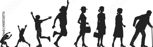 human life cycle silhouette, child to senior stages, growing up vector, age progression graphic, people development clipart, walking aging illustration, timeline art