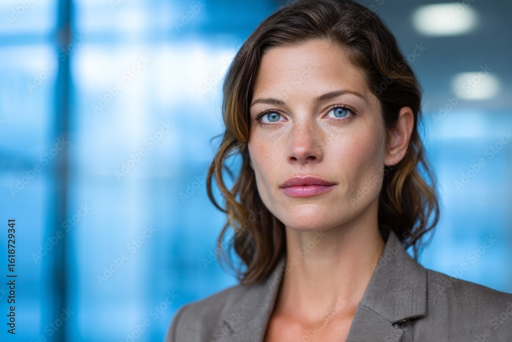 Fototapeta premium Confident female professional with brown blazer in corporate setting