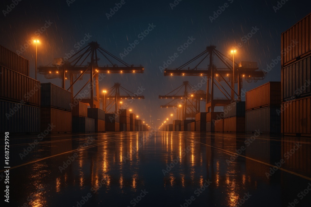 Fototapeta premium Port at Night: A mesmerizing nocturnal view of a bustling port, illuminated by the warm glow of lamplight and the reflection of containers on the wet ground.