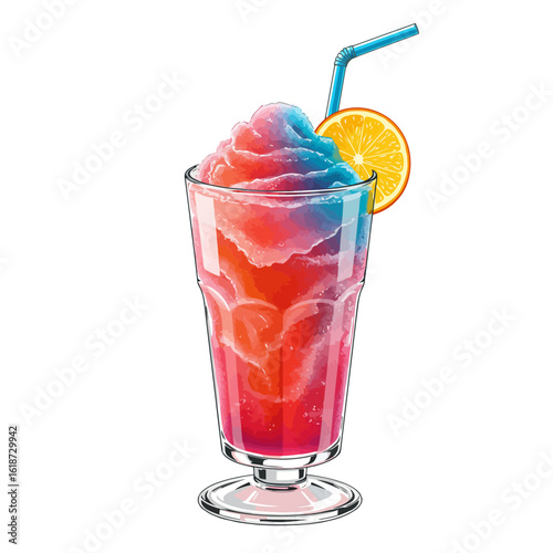Colorful slushy drink with slice of orange in stemmed glass and straw. Summer, vacations, weekend and holidays. Refreshing treat for hot days
