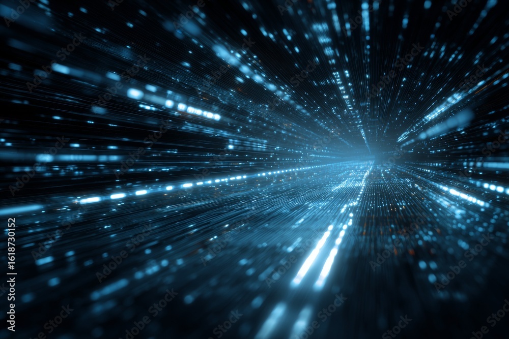 Fototapeta premium Futuristic blue light streaks in digital tunnel with dynamic perspective