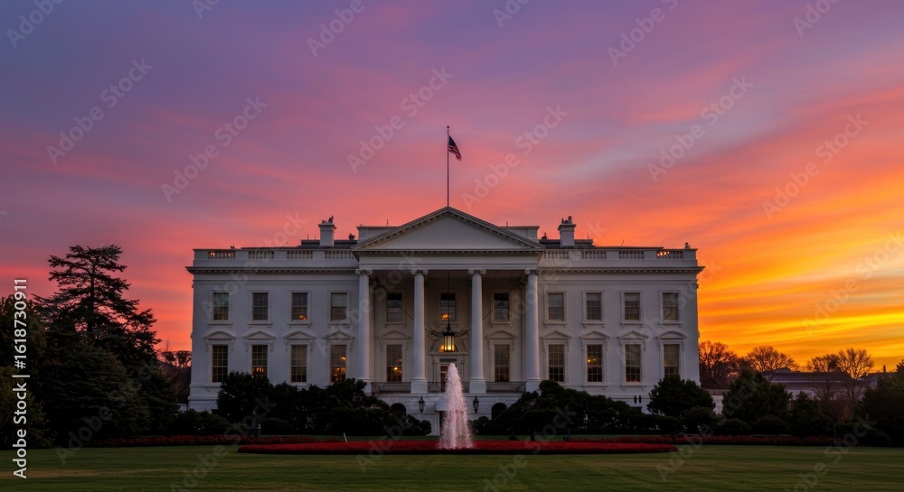 Naklejka premium The White House at sunset, showcasing the iconic building and fountain.