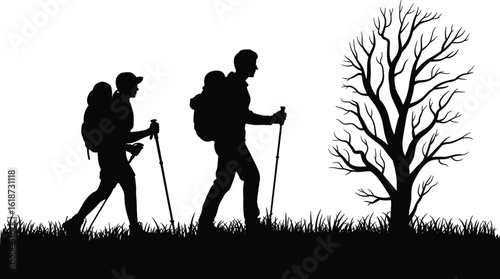 Hiking silhouette vector, two hikers walking with poles, backpack trekking illustration, outdoor adventure scene, hikers and tree silhouette, nature exploration clipart