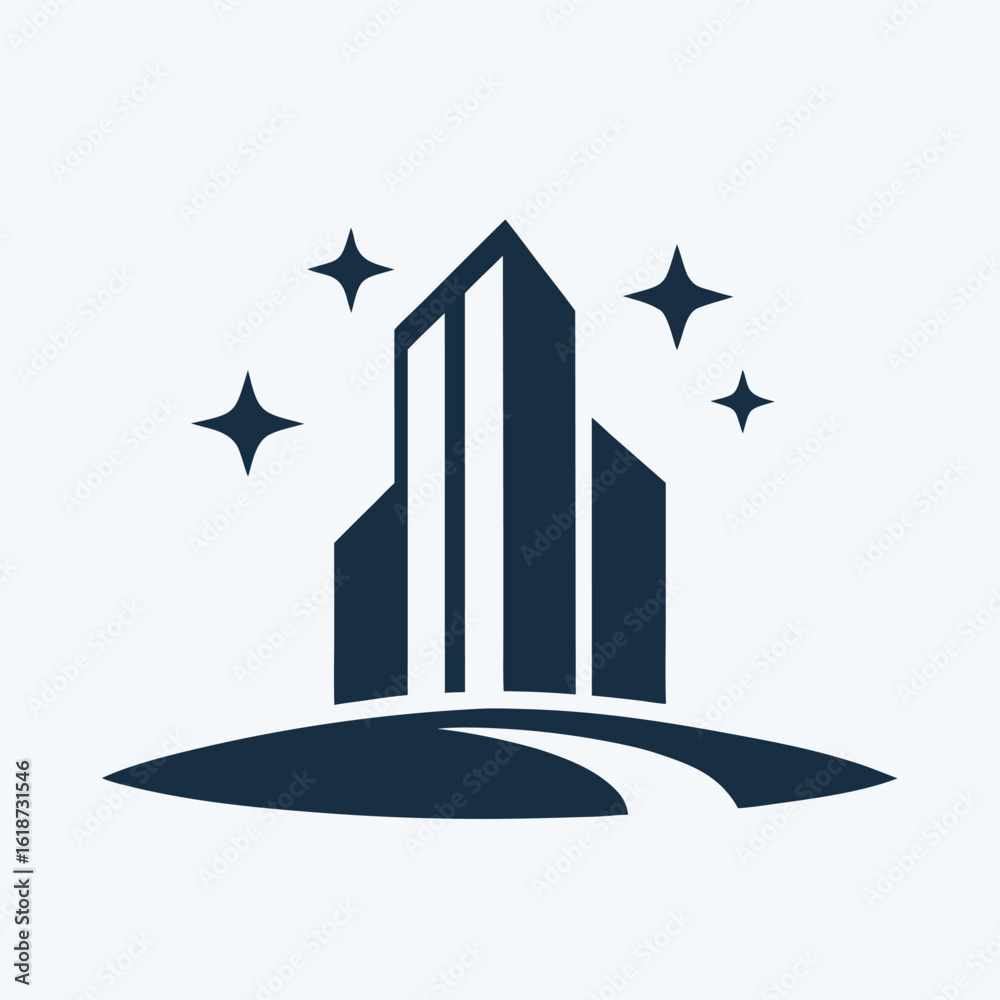 Fototapeta premium Dark blue skyscraper with sparkling stars on a white background building architecture 1
