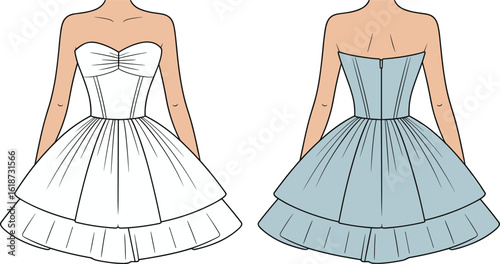 Front and back view strapless dress design, sweetheart neckline, layered skirt, zipper closure, fashion illustration, wedding gown style, garment sketch