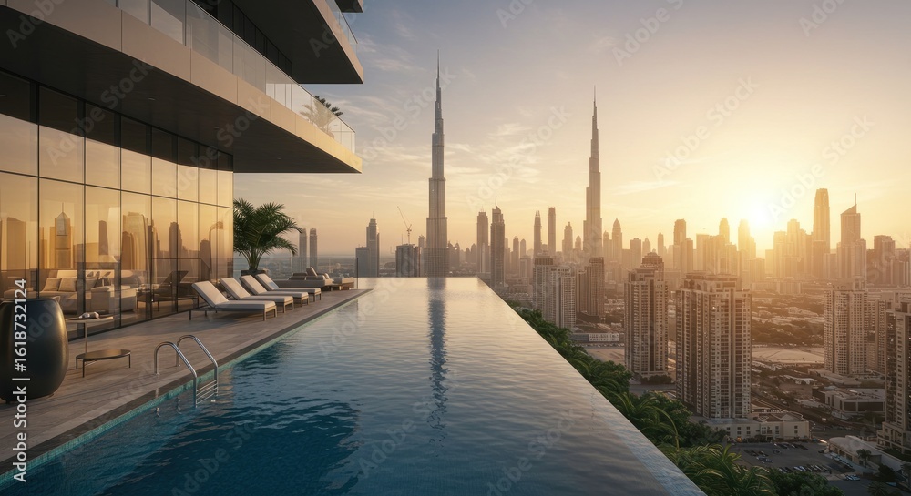 Obraz premium Luxurious rooftop infinity pool overlooking a modern cityscape at sunset, featuring tall skyscrapers.