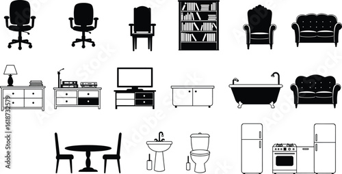 Home furniture and appliance icons, interior decor illustration, kitchen bathroom vector set, sofa, TV, sink, lamp, essential clipart