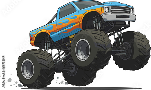 Monster truck with flame graphics, large wheels, off-road power, custom paint, lifted suspension, extreme sport vehicle, dynamic illustration, dirt background