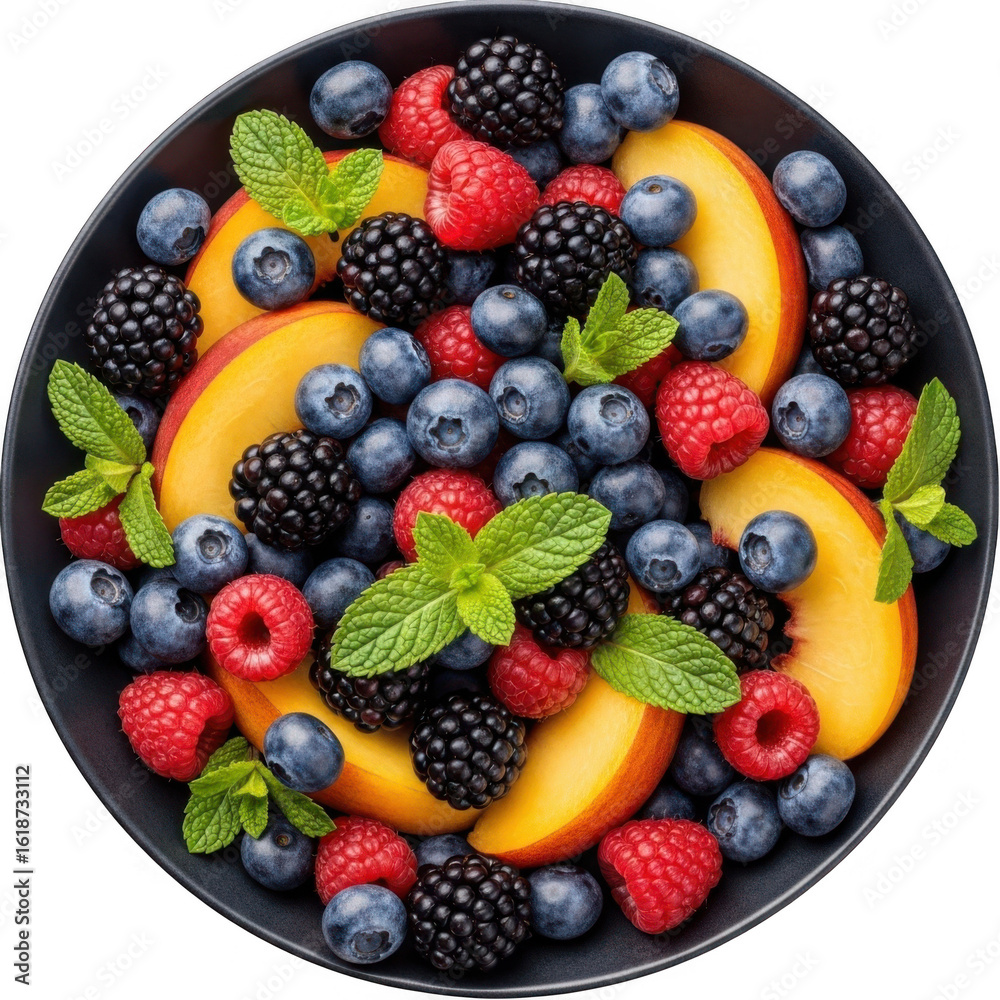 Obraz premium Fresh berry and peach salad isolated on transparent background