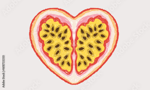 Fruit heart artwork for t shirt print, poster, sticker and other uses. Fresh Passion fruit vintage t-shirt design. Organic fruit farm. Passion fruit club print design. Love you more.