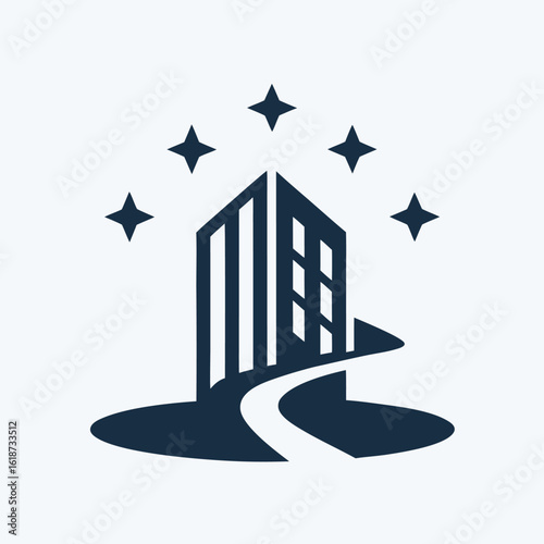 Dark blue stylized skyscraper with pathway and stars on white background building architecture