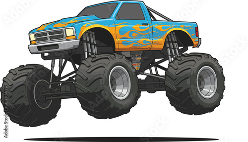 Vibrant monster truck with flame design, lifted suspension, large tires, off-road racing vehicle, dynamic illustration, rugged terrain, extreme motorsport style