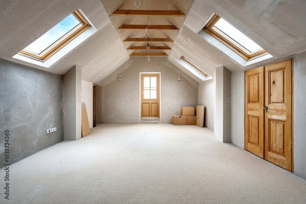 Fototapeta premium Spacious unfurnished attic with skylights and wooden doors