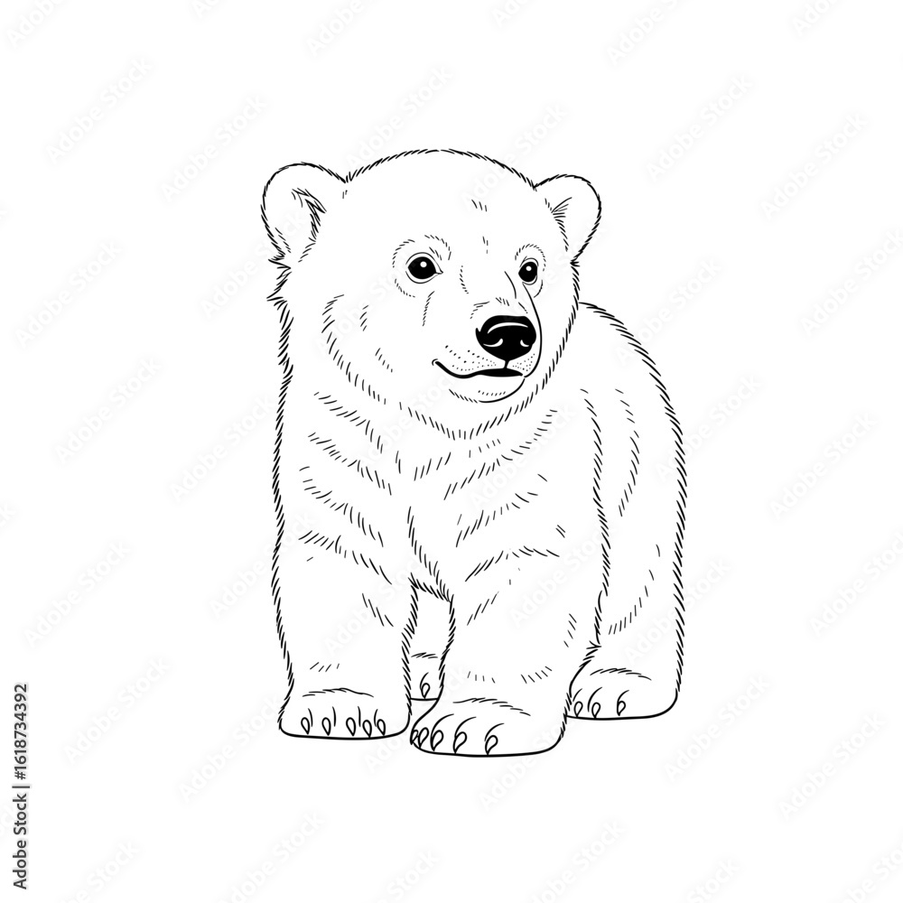 Naklejka premium Illustration of a cute polar bear cub standing upright with a gentle expression and fluffy fur detail