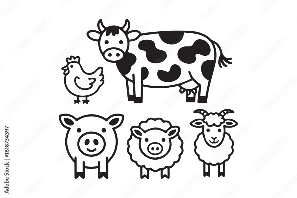 Obraz premium Cute Farm Animal Line Art Icons