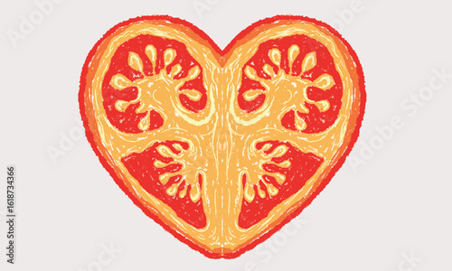 Blooming tomatoes art. Red tomato vintage t-shirt design. Organic vegetable farm. Tomato vegetable artwork for t shirt print, poster, sticker and other uses. Heart shape with tomato.