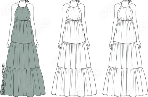 Halter-neck maxi dress design, muted green color, tiered skirt, fashion illustration, gathered waist, back view, front view, elegant styling, sketch