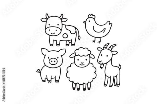 Cute Farm Animal Line Art Icons