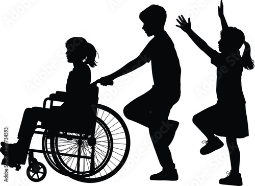 Children silhouette, wheelchair support, helping disabled child, inclusive activity, friendship outline, kid caring vector, playtime unity, disability awareness, support illustration