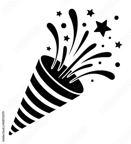 Black party popper exploding with stars and confetti explosion