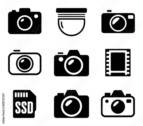 Camera film ssd card and lens icons photography storage