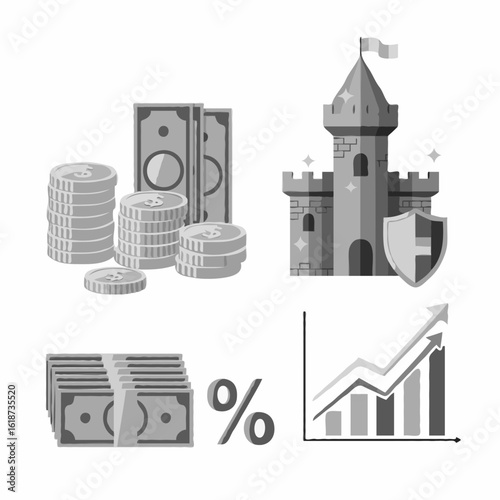 Collection of vector business icons - symbols of wealth, security and investment growth