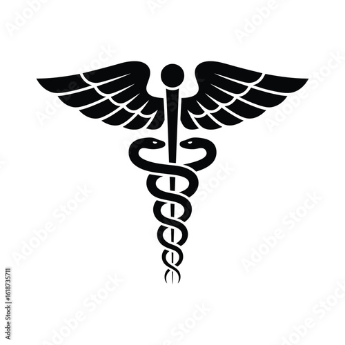Black caduceus symbol with wings on white background