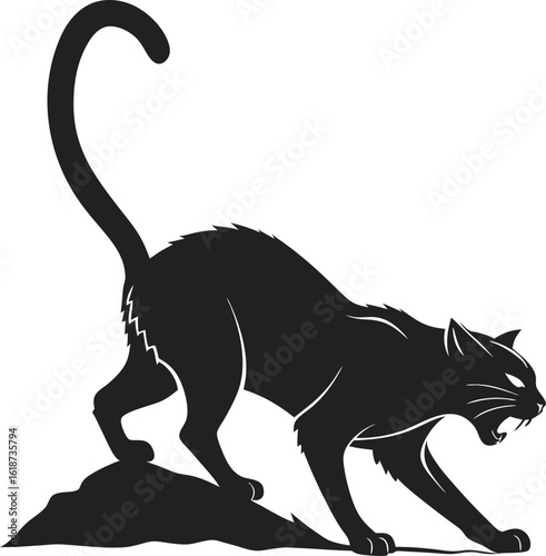 Silhouette of a black panther crouching and snarling isolated on white background