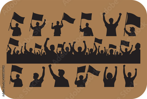 Silhouetted crowd with raised arms and flags demonstrating unity and support in a powerful display of collective action and celebration