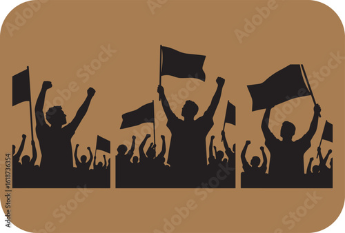 Silhouetted crowd with raised arms and waving flags symbolizing unity and collective action during a demonstration or celebration