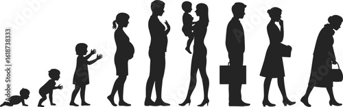 human life cycle silhouette, age stages vector, growth evolution clipart, baby to elderly shadow, people timeline illustration, aging process silhouette