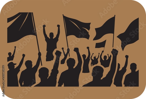 Silhouetted crowd with black flags and raised fists demonstrating unity and protest against a warm brown background