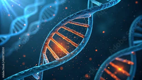 Close-up of Glowing DNA Double Helix Strand in Blue Background