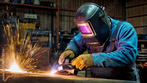 welder in protective gear working on metal with bright sparks in an industrial factory setting, showcasing skilled craftsmanship and handwork created with generative ai	