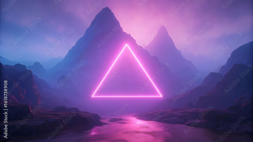 Fototapeta premium Neon Triangle Hovers Over Purple Mountain Range at Dusk