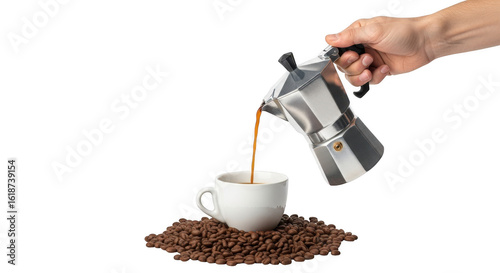 Pouring coffee from moka pot into cup isolated on transparent background
