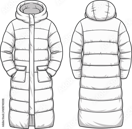 Padded winter coat illustration, hooded design, front and back views, flap pockets, zipper closure, fashion sketch, long outerwear garment